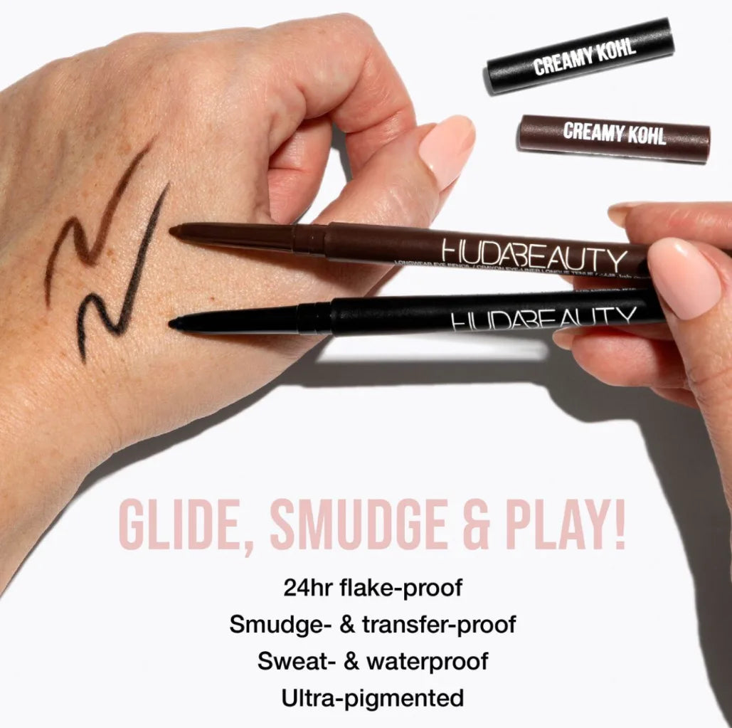 Creamy kohl eye pencils with black and dark brown tips on hand swatches