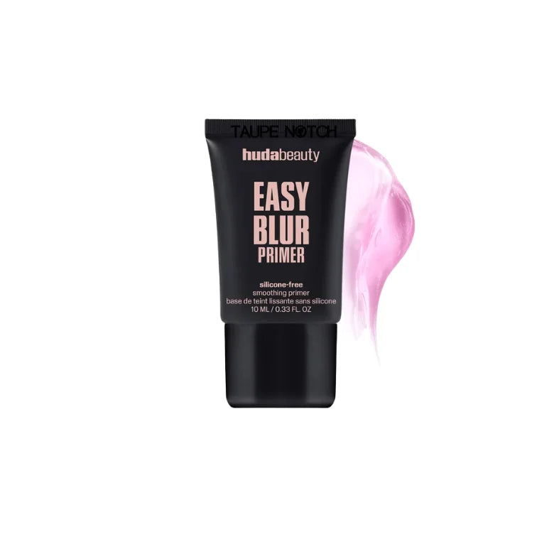 Huda Beauty Easy Blur primer tube with taupe notch text and pink swatch
