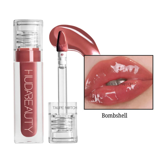Bombshell lip gloss in muted rose-brown with clear tube and doe-foot applicator
