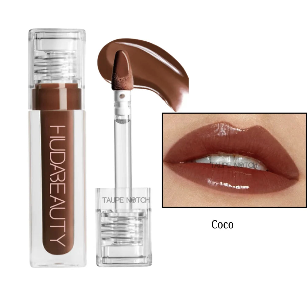 Coco lip gloss in deep brown with clear tube and doe-foot applicator