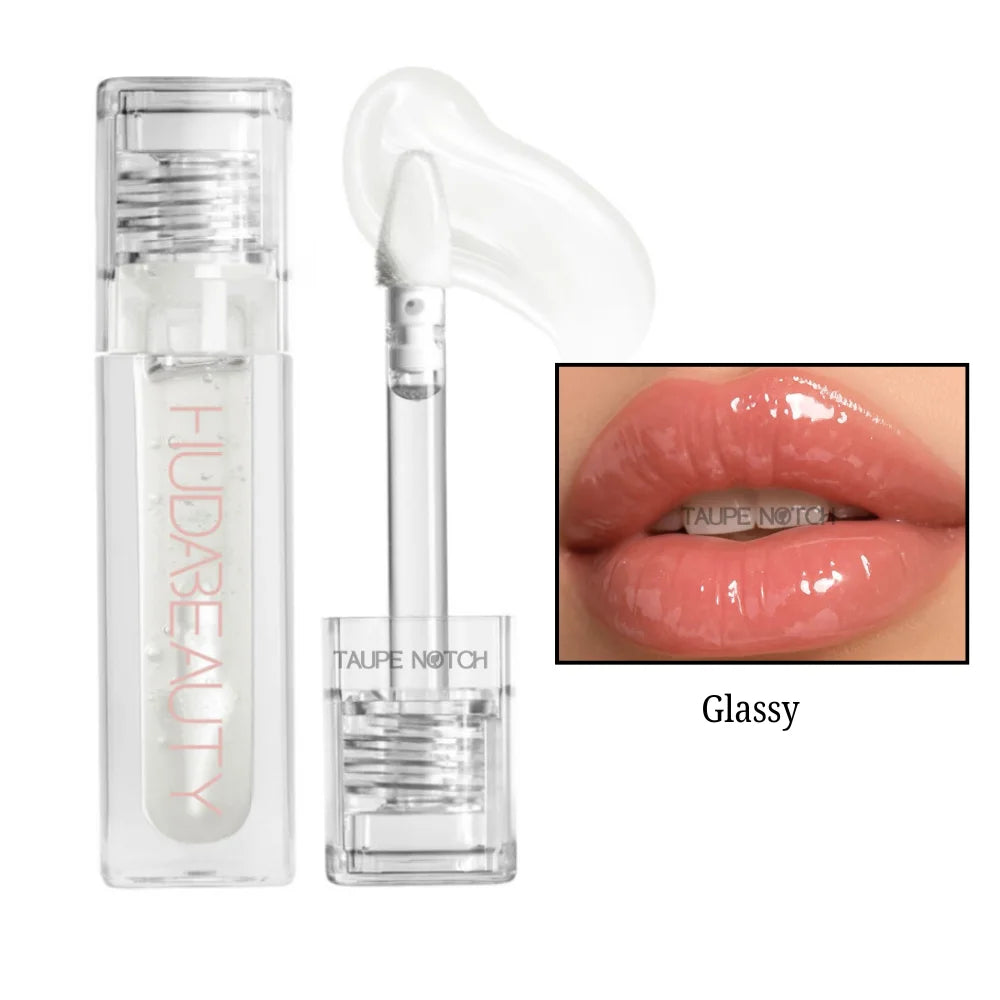 Glassy lip gloss in sheer rosy pink with clear tube and doe-foot applicator