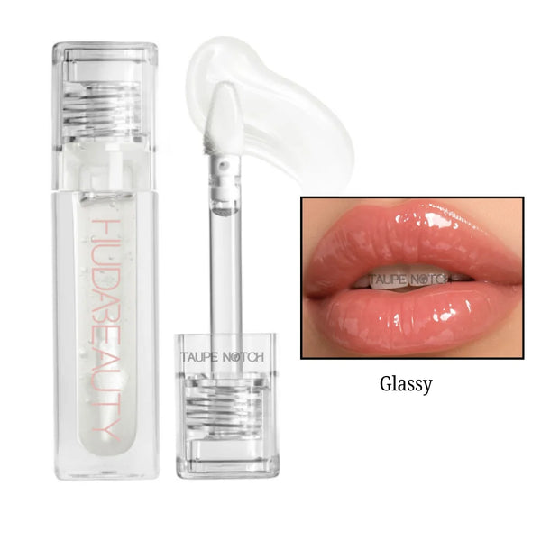 Glassy lip gloss in sheer rosy pink with clear tube and doe-foot applicator