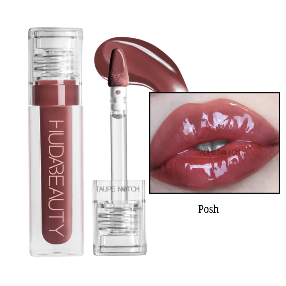 Posh lip gloss in maroon-brown with clear tube and doe-foot applicator