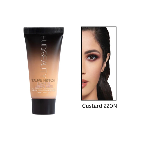 Huda Beauty #FauxFilter Luminous Matte Foundation in shade Custard, 15 ml bottle with foundation swatch and packaging.