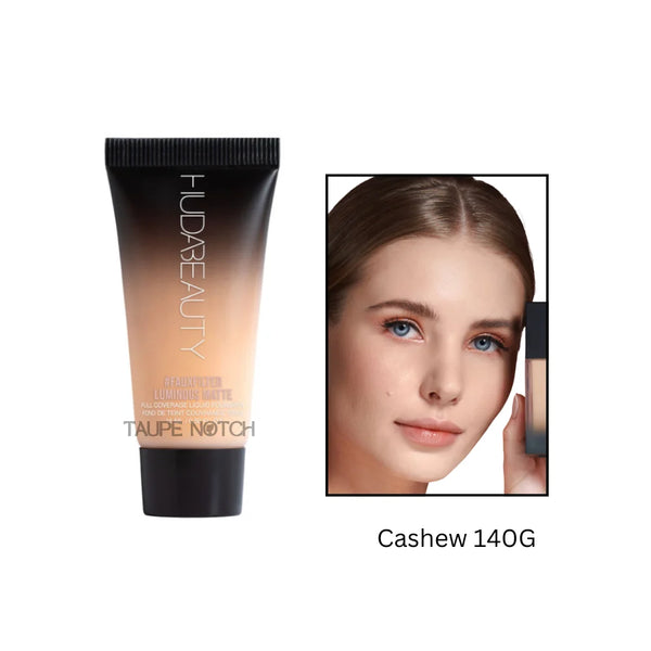 Huda Beauty #FauxFilter Luminous Matte Foundation in Cashew, 15ml, showcasing the sleek bottle and creamy foundation inside.