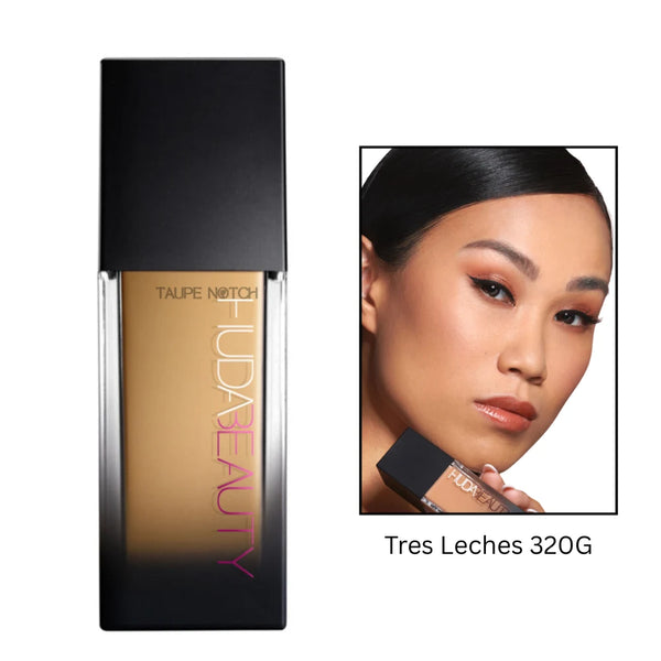 Luminous matte foundation bottle in Tres Leches 320G shade; black cap, frosted label.