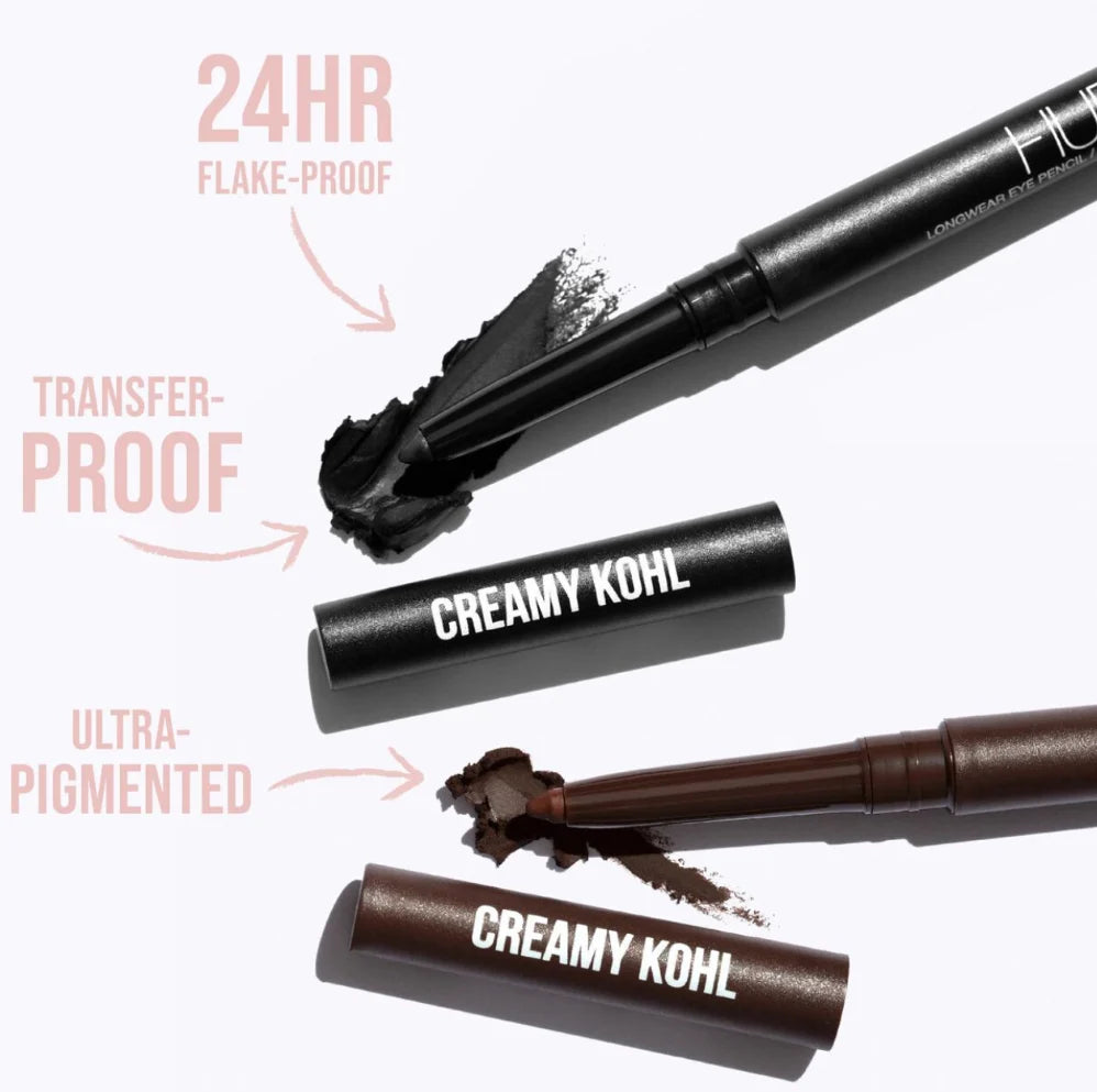 Creamy kohl eye pencils in black and dark brown, with capped and exposed tips