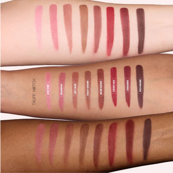Lip Contour Lip Stain swatches on skin, showing multiple brown and red shades.