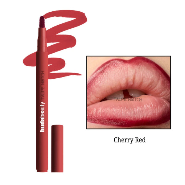 Huda Beauty Lip Contour Lip Stain in Cherry Red, lipstick pen with cap shown.