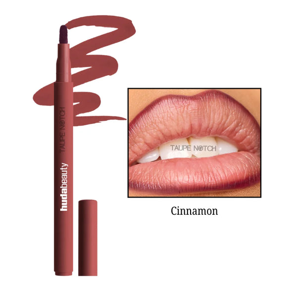 Huda Beauty Lip Contour Lip Stain in Cinnamon, lipstick pen with cap shown.