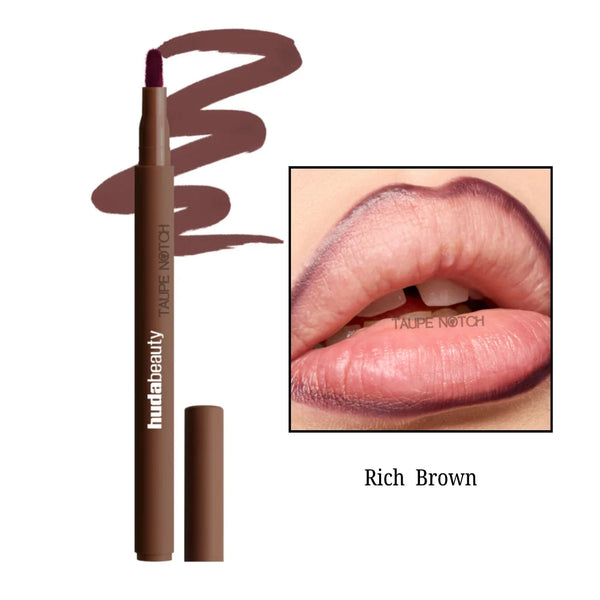 Huda Beauty Lip Contour Lip Stain in Rich Brown, lipstick pen with cap shown.