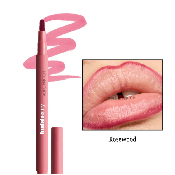 Huda Beauty Lip Contour Lip Stain in Rosewood, lipstick pen with cap shown.