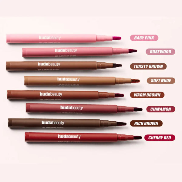 Huda Beauty Lip Contour Lip Stain shade lineup, multiple color pens with labels.