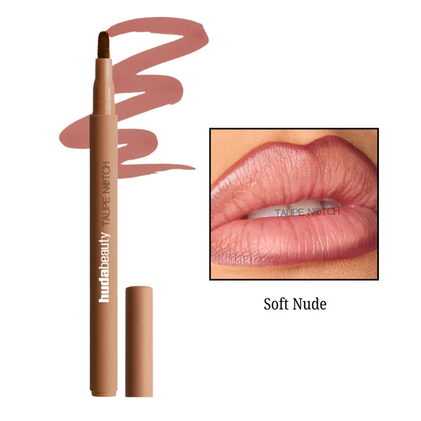 Huda Beauty Lip Contour Lip Stain in Soft Nude, lipstick pen with cap shown.