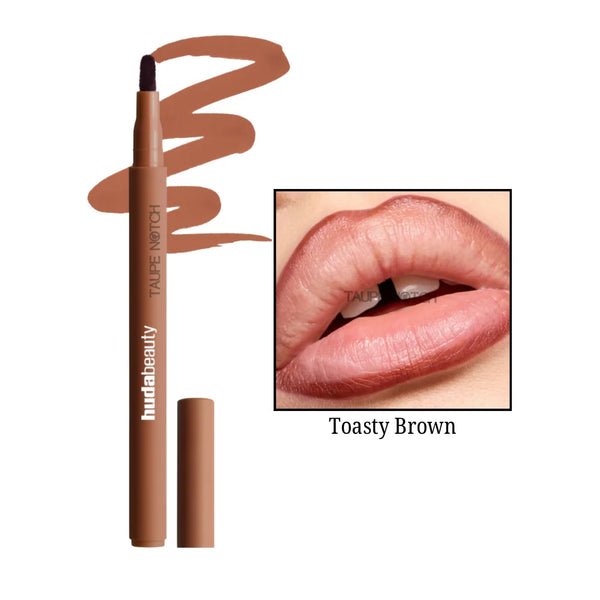 Huda Beauty Lip Contour Lip Stain in Toasty Brown, lipstick pen with cap shown.