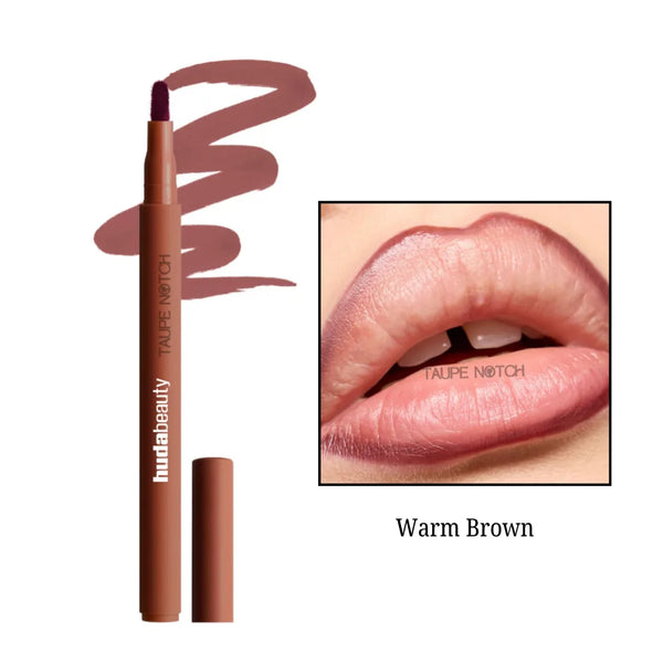 Huda Beauty Lip Contour Lip Stain in Warm Brown, lipstick pen with cap shown.