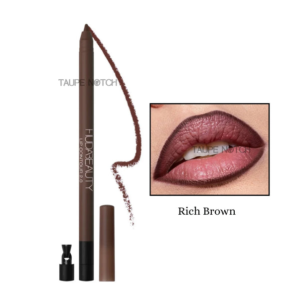 Matte lip contour pencil, Rich Brown shade, with lip swatch