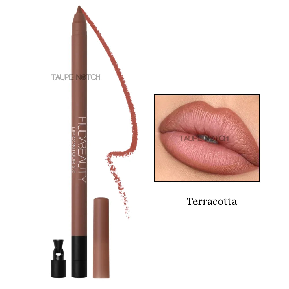 Matte lip contour pencil, Terracotta shade, with lip swatch
