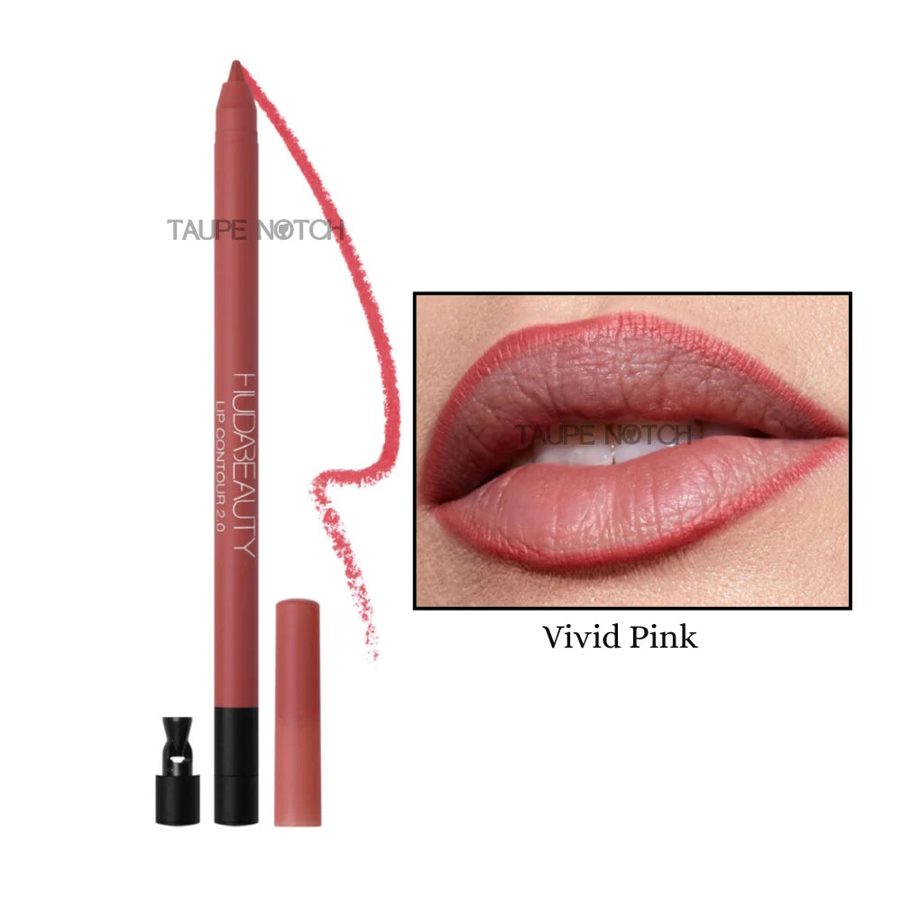 Matte lip contour pencil, Vivid Pink shade, with lip swatch