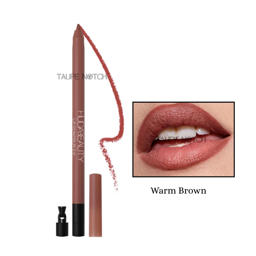 Matte lip contour pencil, Warm Brown shade, with lip swatch