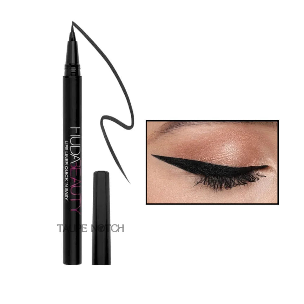 Liquid eye liner with precision tip, black pen and winged eye swatch on eyelid