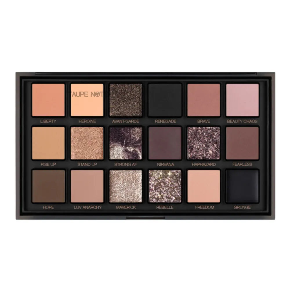 Huda Beauty Pretty Grunge eyeshadow palette open layout showing 12 pan colors