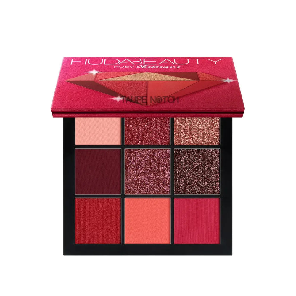 Huda Beauty Ruby Obsessions Palette with nine pressed eyeshadow shades, pink, rose, and burgundy.