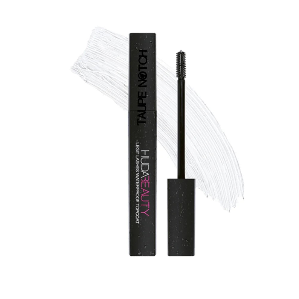 Huda Beauty waterproof mascara topcoat with black tube and wand, white lash bristles