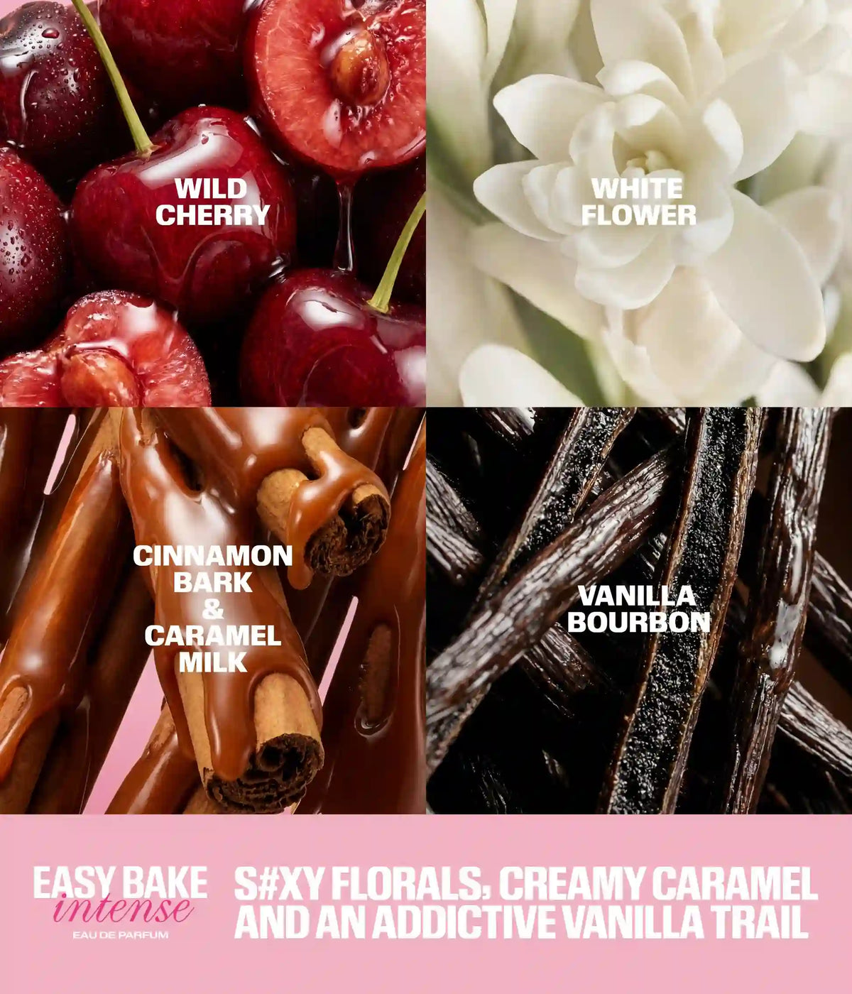 Huda Beauty Easy Bake Intense EDP - 50ml of wild cherry, white flower, cinnamon bark, caramel milk, and vanilla bourbon with product name text overlay.