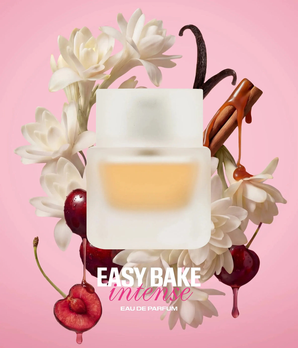 Huda Beauty Easy Bake Intense EDP - 50ml bottle with floral and fruit elements on a pink background