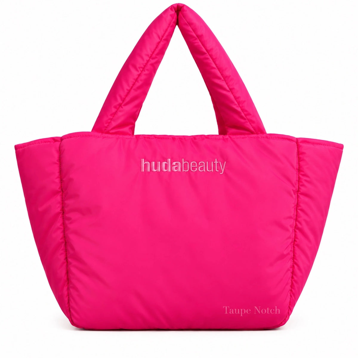 Hot pink quilted tote bag with hudabeauty logo, sturdy top handles