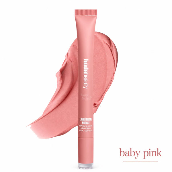 A tube of hudabeauty Liquid Matte Moriss in the shade baby pink, shown upright in front of a matching liquid swatch on a white background.
