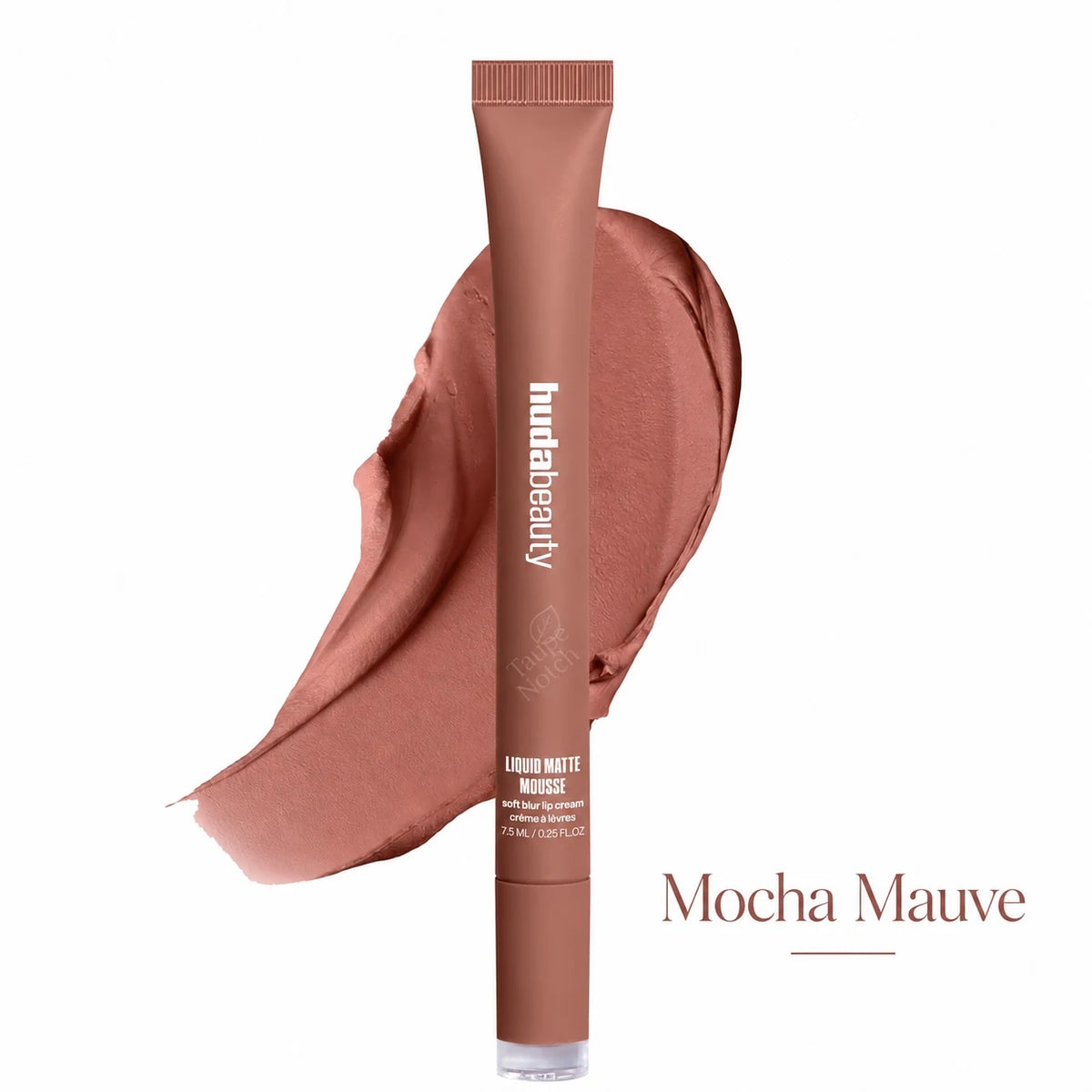 A tube of Indibeaauty Mocha Mauve liquid matte eyeshadow is shown vertically in front of a matching makeup swatch on a white background, with the text 'Mocha Mauve' printed at the bottom right.