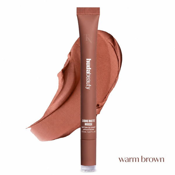 hudabeauty Liquid Matte Mousse in a warm brown shade, shown in a squeeze tube with a matching liquid swatch behind it on a white background.