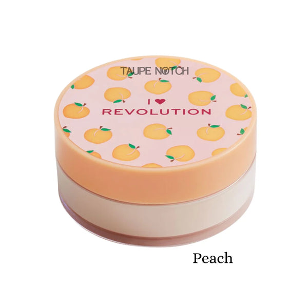 Loose baking powder compact with peach-themed lid and peach-toned base