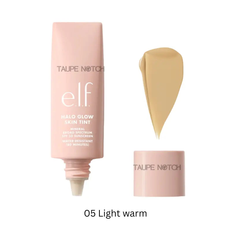 Glow skin tint SPF 50, 05 Light warm shade tube and swatch