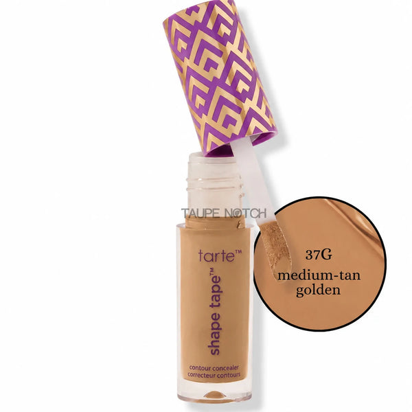 Tarte Shape Tape concealer in travel-size tube with purple cap, tan-golden shade 37G.
