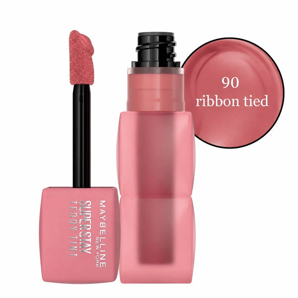 Maybelline Super Stay Teddy Tint 90 ribbon tied lip tint with applicator and cap.