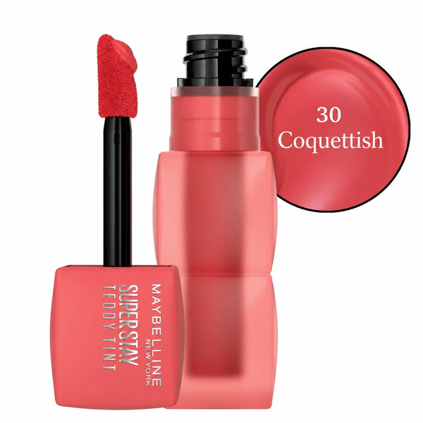 Maybelline Super Stay Teddy Tint 30 Coquettish lip tint with applicator and cap.