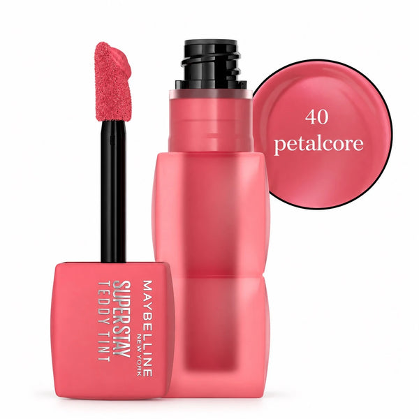 Maybelline Super Stay Teddy Tint 40 petalcore lip tint with applicator and cap.