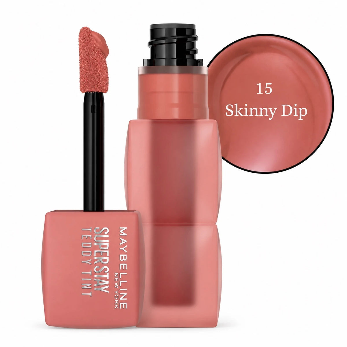 Maybelline Super Stay Teddy Tint 15 Skinny Dip lip tint with applicator and cap.