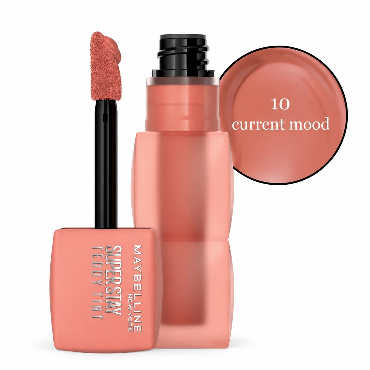 Maybelline Super Stay Teddy Tint 10 current mood lip tint with applicator and cap.