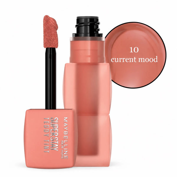 Maybelline Super Stay Teddy Tint 10 current mood lip tint with applicator and cap.