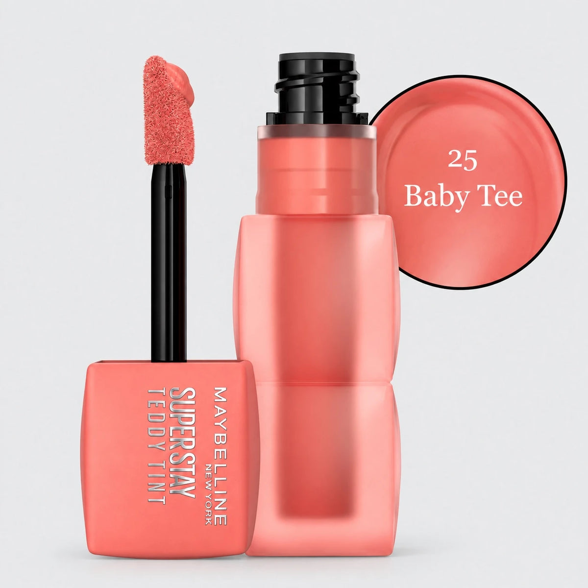 Maybelline Super Stay Teddy Tint 25 Baby Tee lip tint with applicator and cap.