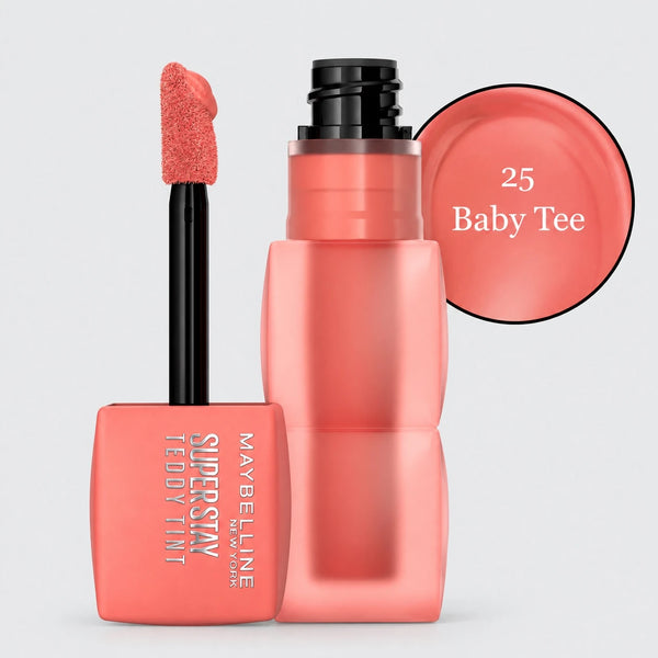 Maybelline Super Stay Teddy Tint 25 Baby Tee lip tint with applicator and cap.
