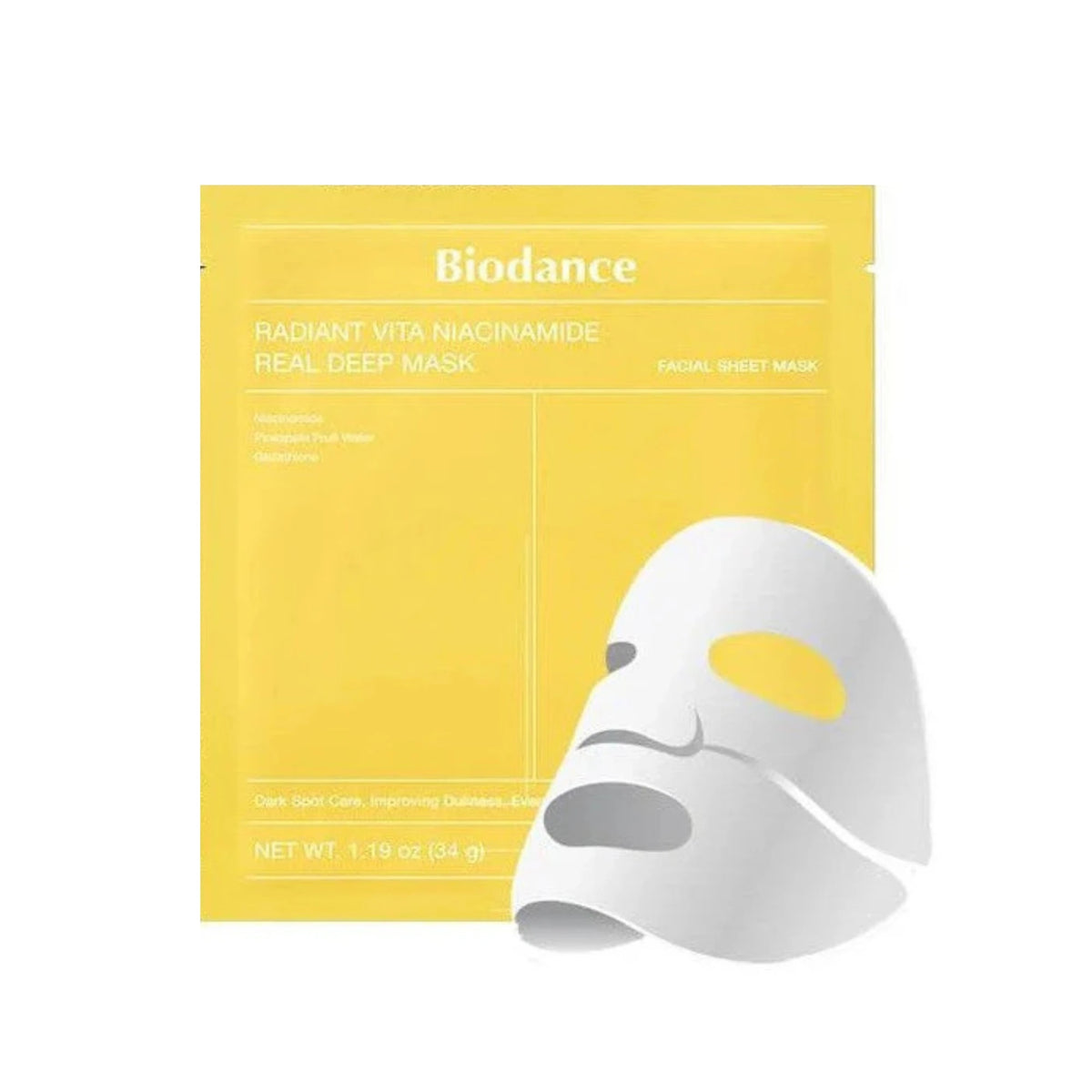 Facial sheet mask pouch for Radiant Vita Niacinamide, yellow, with mask icon.