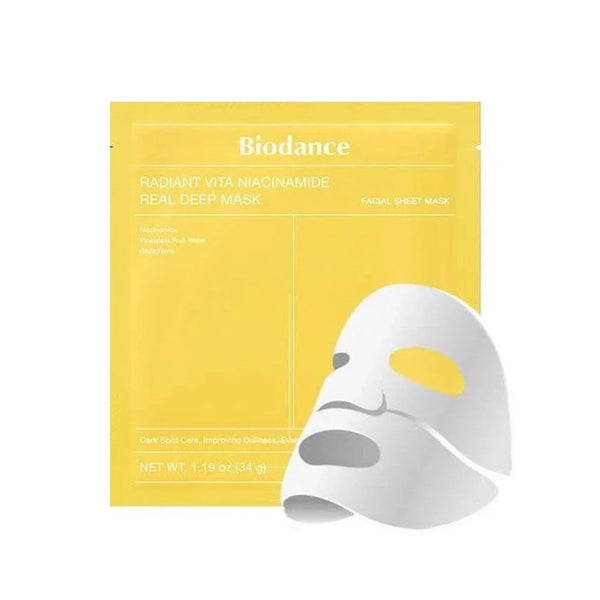 Facial sheet mask pouch for Radiant Vita Niacinamide, yellow, with mask icon.