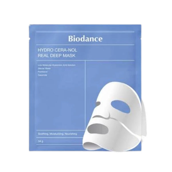 Facial sheet mask pouch for Hydro Cera-Nol, blue, with mask icon.