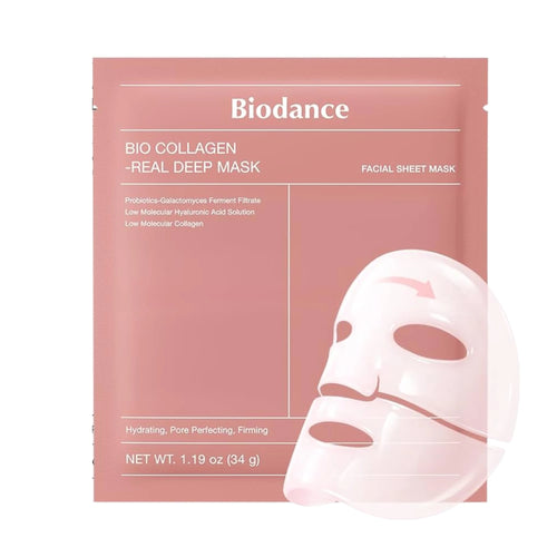 Facial sheet mask pouch for Bio Collagen, pink, with mask icon.