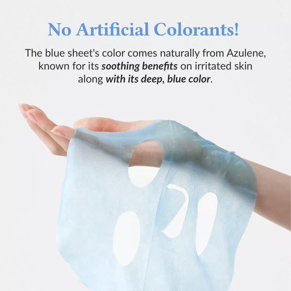 Aqua-blue sheet mask held open with eye and mouth cutouts visible